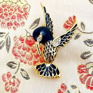 Black Enamel Hummingbird Vintage Brooch with Rhinestones and Brocade Bag